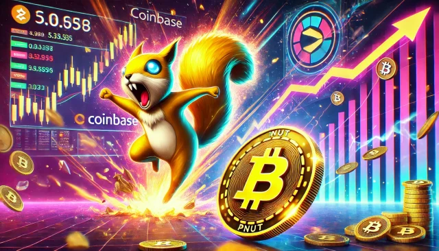 DALL·E 2024-12-11 20.34.25 - A vibrant digital artwork showcasing a Solana-based meme coin called PNUT experiencing a dramatic price surge. The image features a glowing PNUT coin