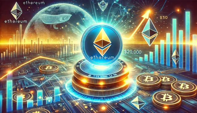 DALL·E 2024-12-12 21.31.56 - A dynamic digital illustration showcasing Ethereum's potential surge to $20,000. The image features a glowing Ethereum coin prominently displayed, wit