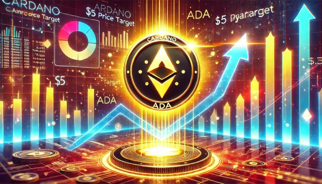 DALL·E 2024-12-12 21.34.41 - A digital illustration showcasing Cardano (ADA) aiming for a $5 price target by January. The image features a glowing ADA coin ascending against a bac