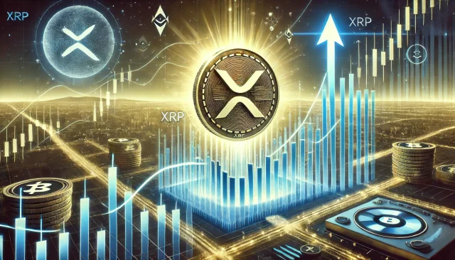 DALL·E 2024-12-12 21.36.51 - A futuristic digital illustration depicting XRP's journey toward reaching a new all-time high. The scene features a glowing XRP coin ascending through