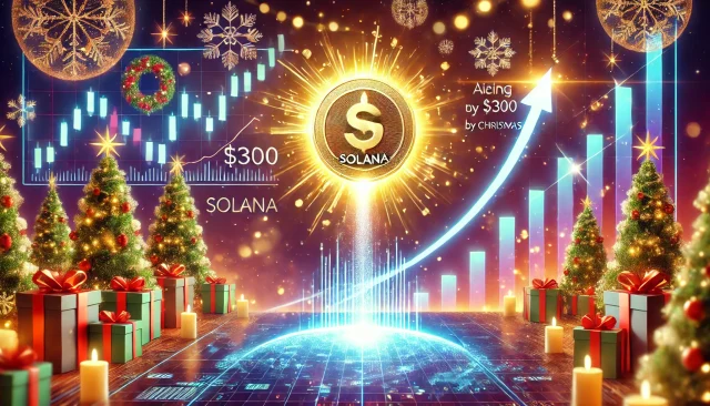 DALL·E 2024-12-12 21.40.37 - A dynamic and futuristic digital illustration showcasing Solana (SOL) aiming to reach $300 by Christmas. The scene features a glowing Solana coin asce