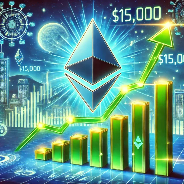 DALL·E 2024-12-13 17.27.16 - A visually engaging illustration of Ethereum reaching a significant price milestone of $15,000, featuring the Ethereum logo prominently rising over a