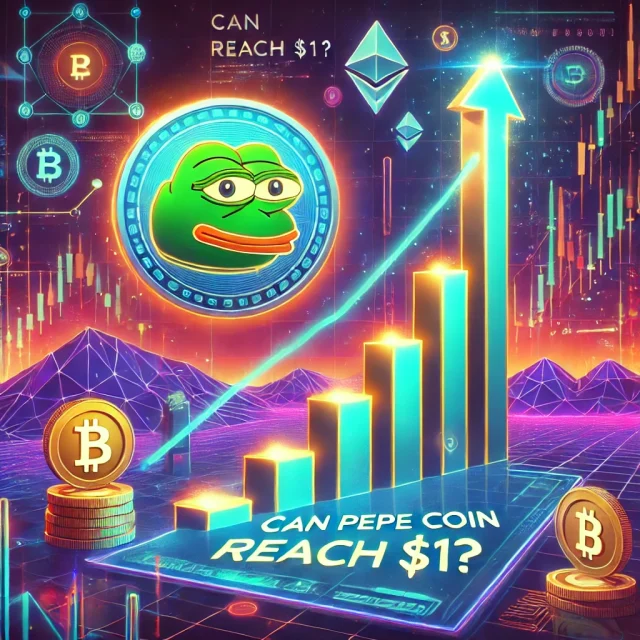 DALL·E 2024-12-13 17.51.09 - A visually engaging digital illustration exploring the potential of Pepe Coin reaching $1. The scene features the Pepe Coin logo prominently displayed