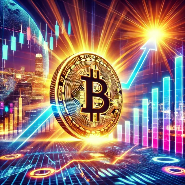 DALL·E 2024-12-16 16.56.15 - A vibrant digital illustration of Bitcoin reaching a new all-time high. The scene includes a symbolic Bitcoin coin soaring upward against a dynamic fi
