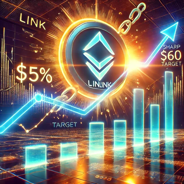 DALL·E 2024-12-16 16.58.40 - A dynamic digital illustration showcasing Chainlink's (LINK) cryptocurrency logo rising prominently against a glowing financial chart, symbolizing a s