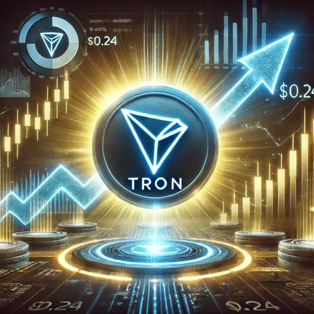 DALL·E 2024-12-17 15.08.15 - A digital illustration showing TRON (TRX) cryptocurrency rising in value after a recent price dip. The image features the TRON logo prominently displa