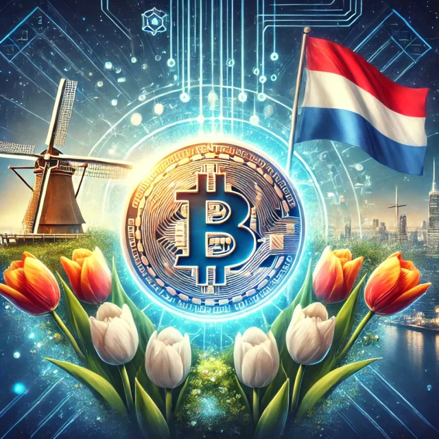 DALL·E 2024-12-18 23.53.28 - A visionary digital illustration depicting a Bitcoin coin prominently displayed alongside symbols of the Netherlands, such as tulips and windmills. Th