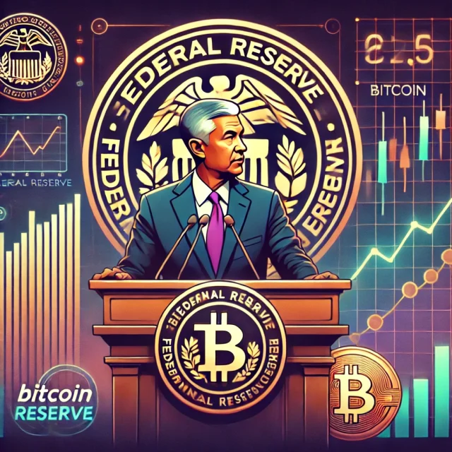 DALL·E 2024-12-18 23.56.10 - A digital illustration featuring Jerome Powell delivering a speech in a formal setting, with visual elements representing interest rate cuts, such as