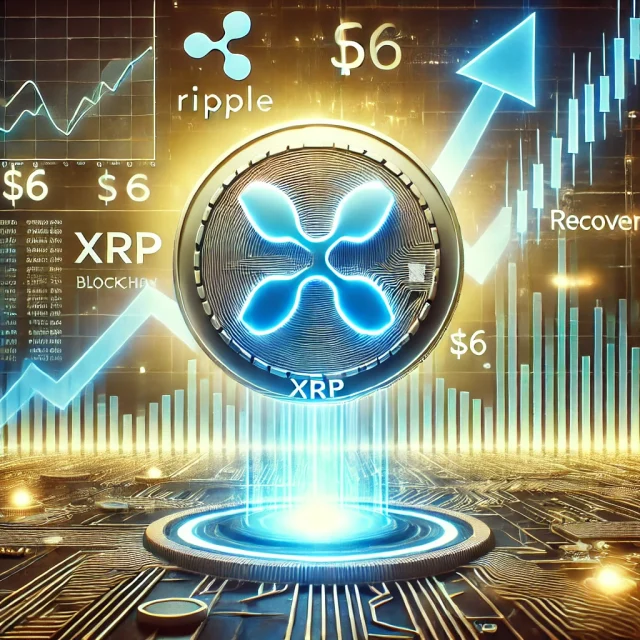DALL·E 2024-12-19 00.00.46 - A dynamic and futuristic digital illustration of the XRP token rising against a backdrop of fluctuating market charts. The XRP coin is shown glowing a