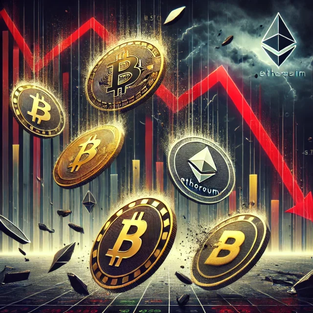 DALL·E 2024-12-20 17.17.15 - A dramatic digital illustration of a cryptocurrency market crash, featuring symbolic representations of Bitcoin (BTC), Ethereum (ETH), Solana (SOL), a