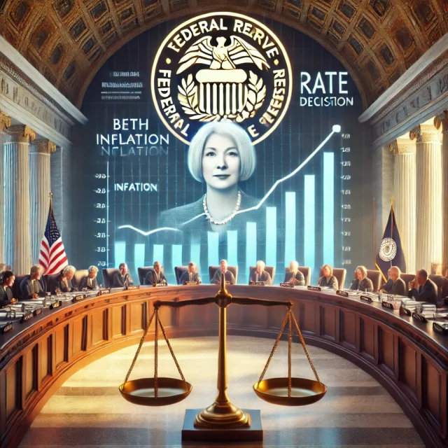 DALL·E 2024-12-20 17.21.17 - A realistic digital illustration of a Federal Reserve meeting setting, with a central figure representing Beth Hammack expressing concerns over inflat