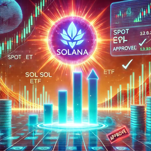 DALL·E 2024-12-20 17.23.08 - A vibrant digital illustration depicting Solana's potential price surge after a spot SOL ETF approval. The scene includes a futuristic financial lands