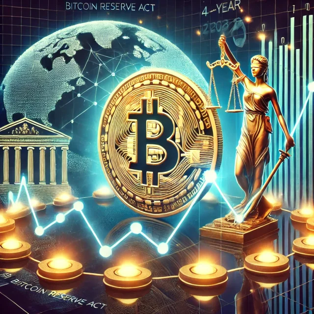DALL·E 2024-12-20 17.34.33 - A futuristic digital illustration depicting the concept of a Bitcoin Reserve Act disrupting the traditional 4-year boom-bust cycle. The scene features