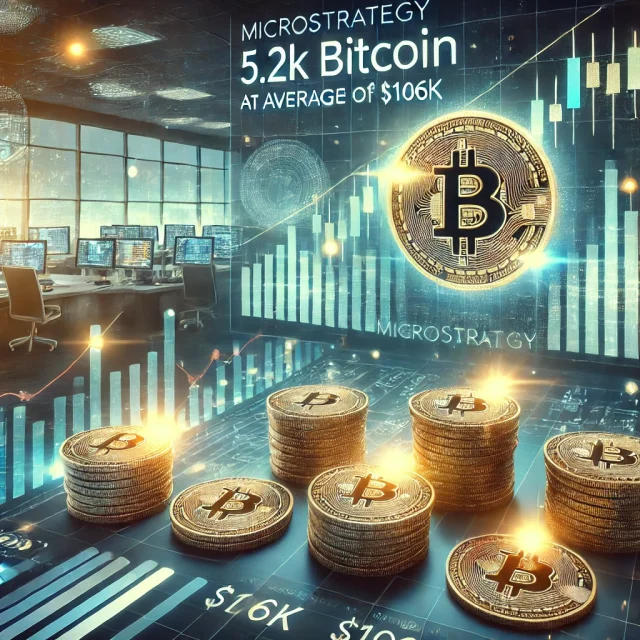 DALL·E 2024-12-23 20.15.19 - A visually engaging illustration depicting MicroStrategy's acquisition of 5.2K Bitcoin at an average price of $106K. The image features stacks of Bitc