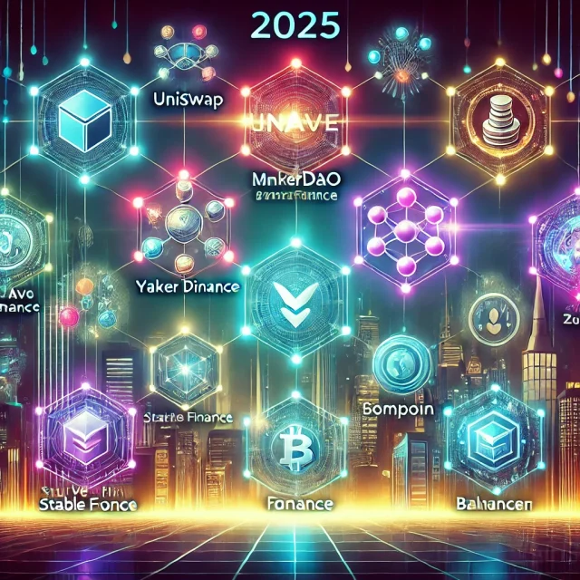 DALL·E 2024-12-23 20.18.19 - A futuristic illustration representing eight cutting-edge DeFi protocols for 2025. The image features vibrant digital elements symbolizing blockchain