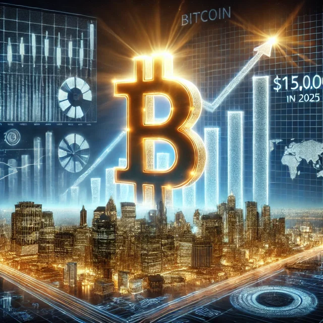 DALL·E 2025-01-02 13.57.07 - A futuristic depiction of Bitcoin surpassing $150,000 in 2025, featuring a glowing Bitcoin symbol towering over a digital financial skyline. The image