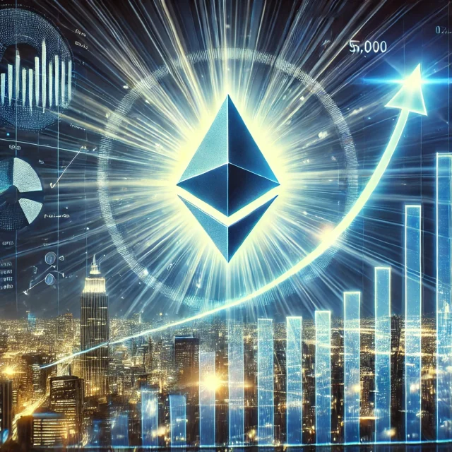 DALL·E 2025-01-02 14.00.12 - A futuristic visualization of Ethereum reaching $5,000 in the first quarter of 2025. The image features a glowing Ethereum logo ascending amidst dynam