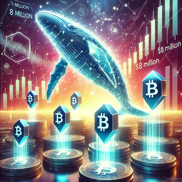 DALL·E 2025-01-02 14.12.09 - A dynamic and futuristic depiction of cryptocurrency whales purchasing $8 million worth of HYPE tokens. The image showcases glowing HYPE tokens being