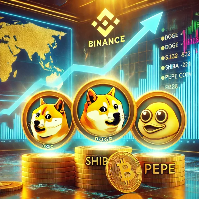 DALL·E 2025-01-03 12.30.10 - A digital illustration depicting Binance expanding its support for Dogecoin (DOGE), Shiba Inu (SHIB), and PEPE Coin. The image shows three coins repre