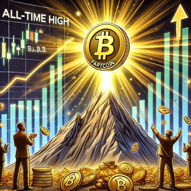 DALL·E 2025-01-03 12.40.16 - A digital illustration depicting FARTCOIN's rise after hitting a new all-time high. The scene shows a glowing FARTCOIN token ascending above a mountai