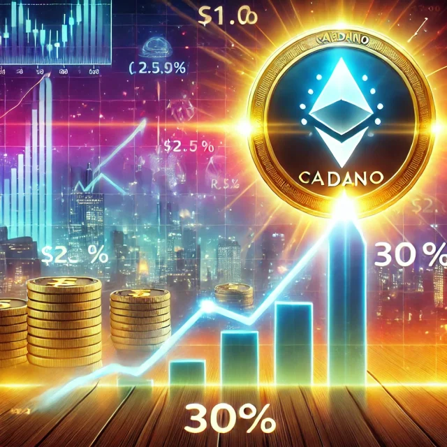 DALL·E 2025-01-03 12.45.50 - A digital illustration depicting Cardano's (ADA) potential 300% price surge. The image shows an ADA coin glowing brightly as it rises along a steep up