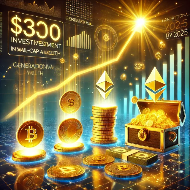 DALL·E 2025-01-03 12.59.40 - A digital illustration depicting the concept of turning a $300 investment in small-cap altcoins into generational wealth by 2025. The scene features f