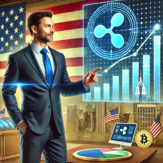 DALL·E 2025-01-06 15.24.23 - A professional scene featuring Ripple CEO Brad Garlinghouse standing confidently in front of a digital display with cryptocurrency charts showing upwa