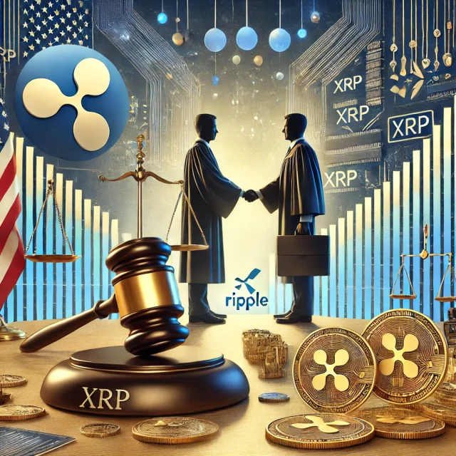 DALL·E 2025-01-06 15.30.47 - A legal-themed digital illustration showing a symbolic court settlement scene between Ripple and the SEC. On one side, a judge's gavel rests near XRP
