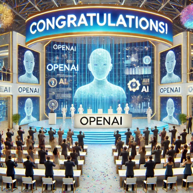 DALL·E 2025-01-06 15.33.52 - A celebratory scene featuring a futuristic OpenAI building surrounded by digital banners that read 'Congratulations!' People in a high-tech conference