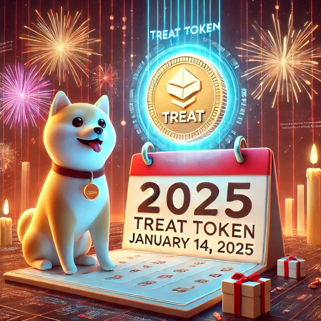 DALL·E 2025-01-06 15.49.07 - A digital illustration celebrating the announcement of the TREAT token launch date by the Shiba Inu team. The scene features a glowing TREAT token sym