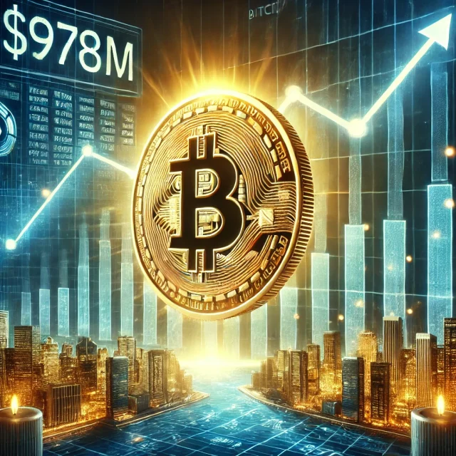 DALL·E 2025-01-07 15.58.16 - A digital illustration depicting the excitement surrounding Bitcoin's ETF inflow. The central focus is a glowing Bitcoin coin hovering above a large f