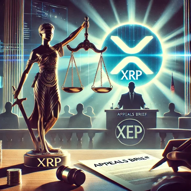 DALL·E 2025-01-07 16.00.33 - A digital illustration symbolizing the XRP lawsuit update. The scene features a courtroom setting with the prominent scales of justice at the center,