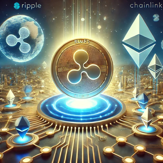 DALL·E 2025-01-08 00.20.25 - A futuristic digital illustration showcasing Ripple and Chainlink's collaboration in the DeFi space. The scene features a glowing RLUSD stablecoin sym