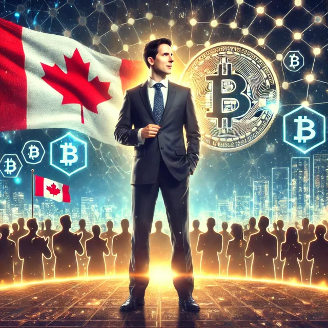 DALL·E 2025-01-08 14.56.45 - A realistic digital illustration showing Pierre Poilievre standing confidently with a futuristic backdrop symbolizing cryptocurrency and blockchain in