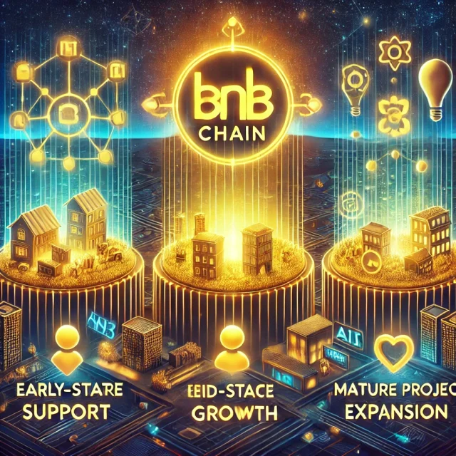 DALL·E 2025-01-09 20.44.15 - A digital illustration representing BNB Chain's three-phase strategy for supporting Web3 innovators. The scene features three interconnected pillars l