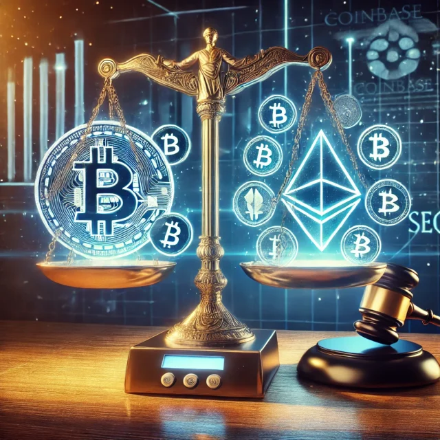 DALL·E 2025-01-13 22.56.55 - A symbolic courtroom scene depicting a digital balance scale with one side showing the Coinbase logo and cryptocurrency symbols (such as Bitcoin and E