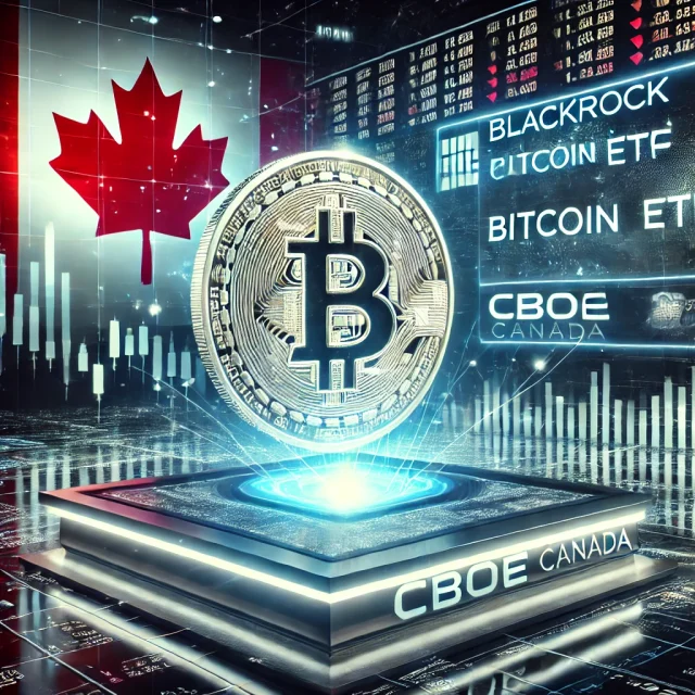 DALL·E 2025-01-13 22.59.16 - A modern financial scene featuring a digital ticker board displaying 'BlackRock Bitcoin ETF' and the CBOE Canada logo. In the foreground, a glowing Bi