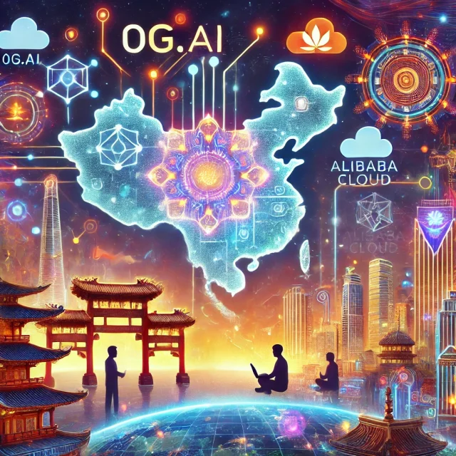 DALL·E 2025-01-13 23.02.33 - A futuristic illustration depicting a collaboration between 0G.ai and Alibaba Cloud, symbolized by interconnected digital nodes and glowing data strea
