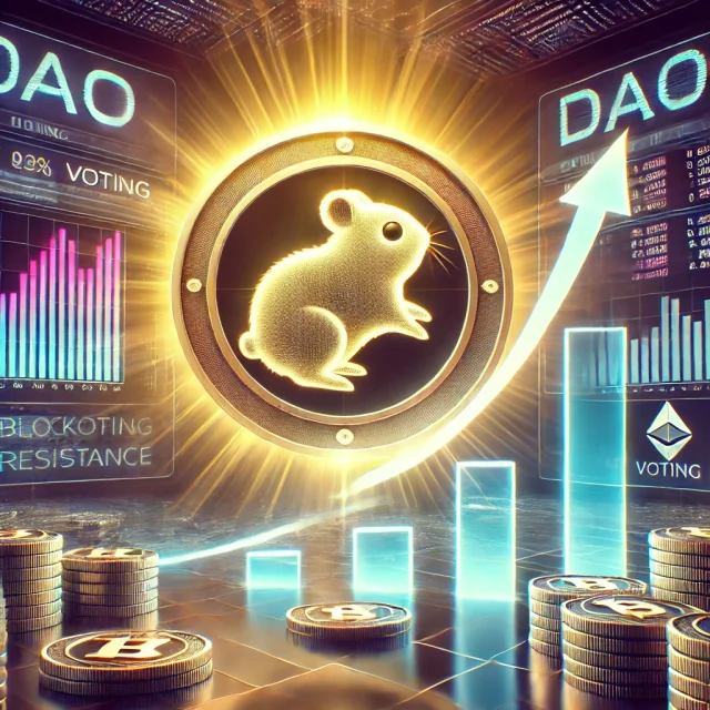 DALL·E 2025-01-13 23.05.15 - A digital illustration showcasing the Hamster Kombat cryptocurrency symbol rising against a futuristic financial backdrop. The scene features a DAO vo