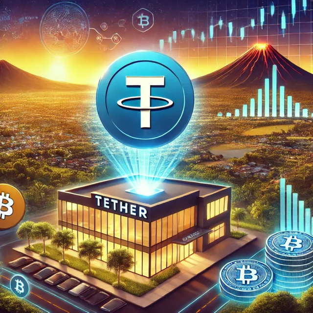 DALL·E 2025-01-13 23.14.50 - A digital illustration showing Tether's (USDT) relocation to El Salvador. The image features the Tether logo prominently displayed over a map of El Sa