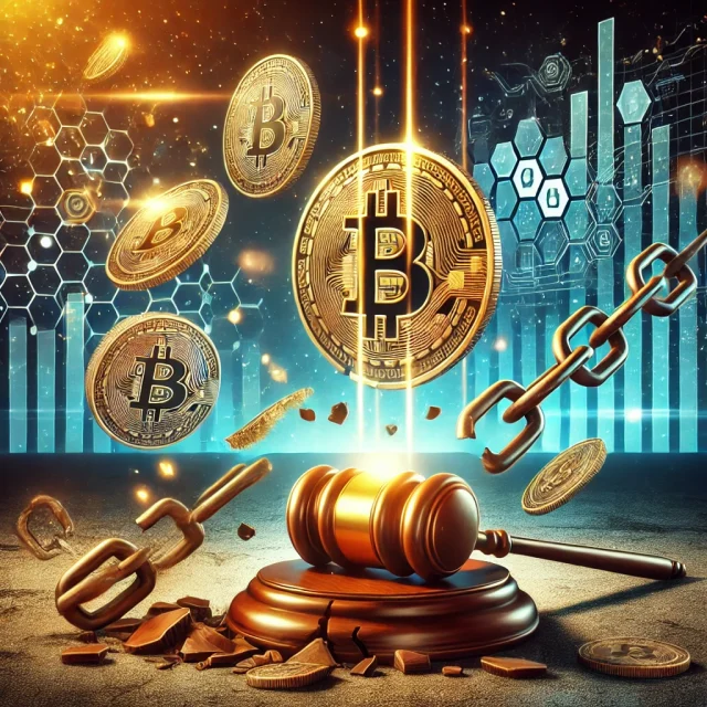 DALL·E 2025-01-13 23.23.18 - A digital illustration symbolizing cryptocurrency deregulation. The scene features a glowing Bitcoin symbol and other crypto coins, free-floating abov