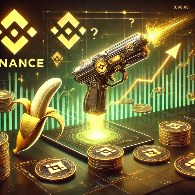 DALL·E 2025-01-14 15.19.06 - A digital artwork illustrating Binance's announcement, featuring the Banana Gun (BANANA) and other crypto tokens represented as glowing coins against