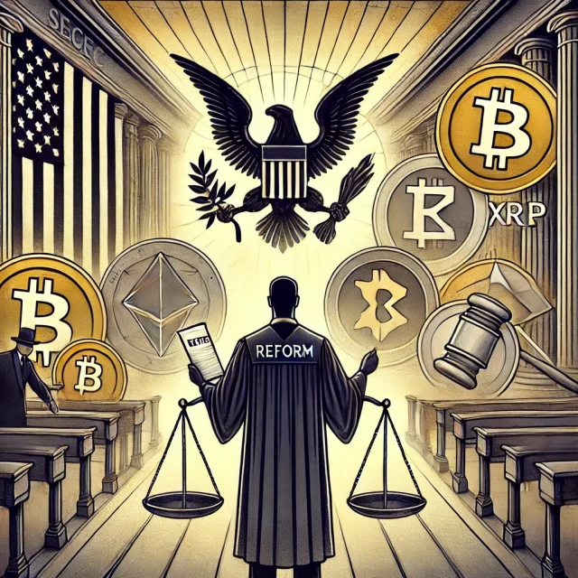 DALL·E 2025-01-14 15.26.05 - A digital illustration depicting a symbolic representation of Gary Gensler's departure from the SEC. The scene features an abstract courtroom setting