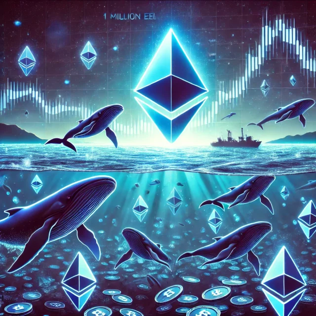 DALL·E 2025-01-14 15.27.50 - A digital illustration showcasing Ethereum whales accumulating 1 million ETH as the price dips below $3,000. The scene features large whale silhouette