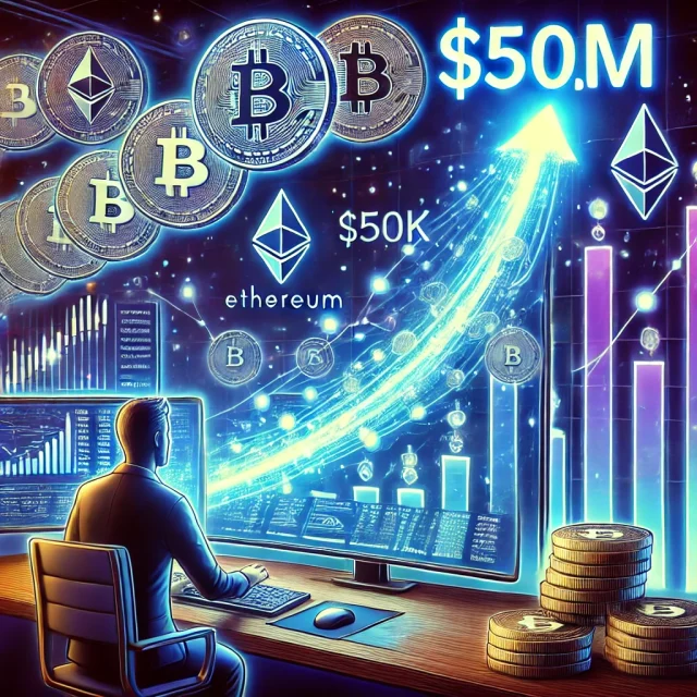 DALL·E 2025-01-15 14.22.10 - A visually dynamic illustration of a successful crypto trader turning $50K into $1M. The scene shows digital coins, including Ethereum and AI-related