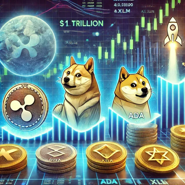 DALL·E 2025-01-15 14.27.58 - An illustration depicting the altcoin market rebound led by XRP, DOGE, ADA, and XLM. The scene shows digital representations of these coins—XRP with i