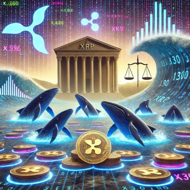 DALL·E 2025-01-15 16.44.57 - A digital illustration showcasing large crypto whale movements of 130 million XRP coins amid the ongoing Ripple vs SEC case. The scene features a mass