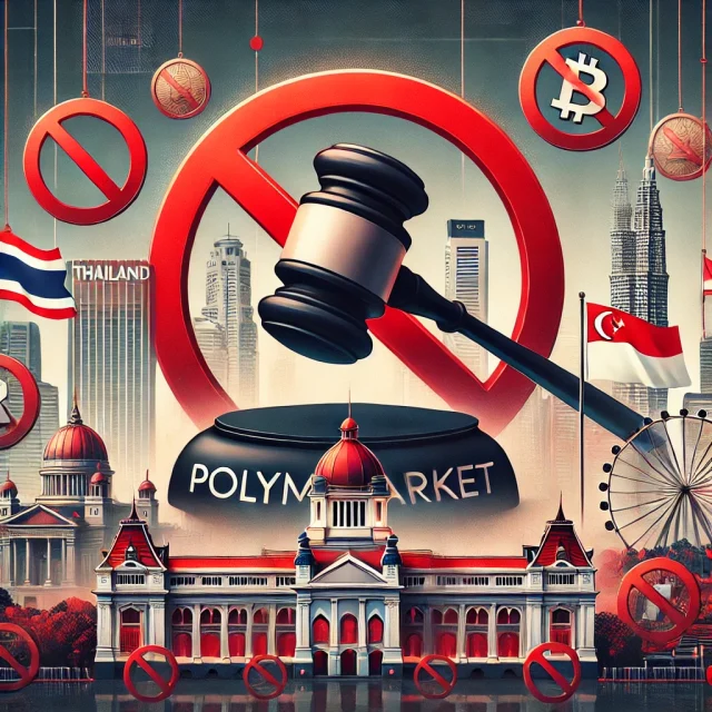 DALL·E 2025-01-15 16.46.53 - A digital illustration showing the crackdown on Polymarket in Southeast Asia, focusing on Thailand and Singapore. The scene features a Polymarket logo