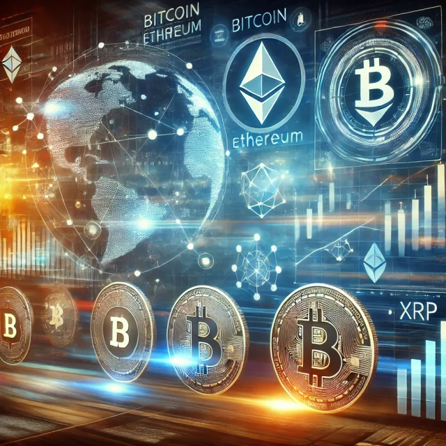 DALL·E 2025-01-17 17.39.11 - A visually engaging illustration showcasing the day's major crypto developments, including symbols like Bitcoin, Ethereum, XRP, and blockchain network