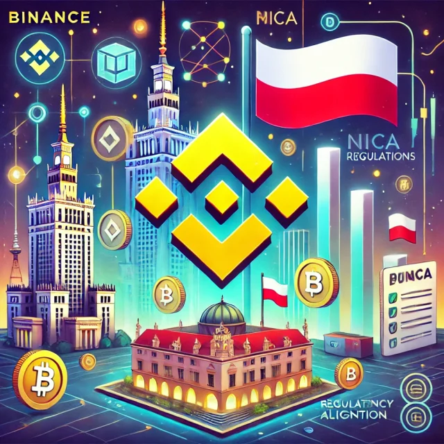 DALL·E 2025-01-17 17.41.46 - An illustration depicting Binance adapting to new MiCA regulations in Poland. The scene features the Binance logo alongside symbols of Poland, such as